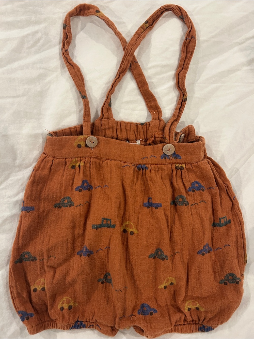 Fin Vince Rust Orange Baby Bubble Romper with Car Print 18 24